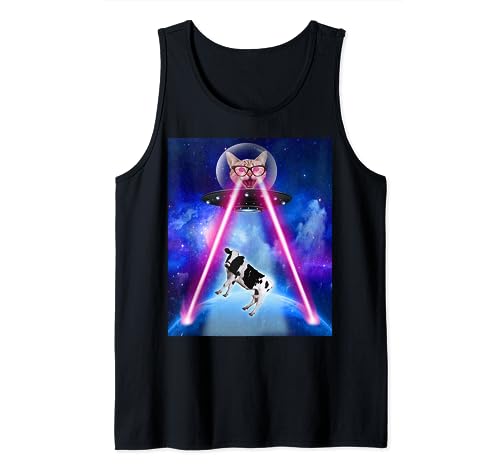Space Cat Laser Eyes On UFO Abduction Cow In The Galaxy Camiseta sin Mangas