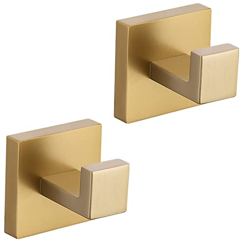 Turs Brushed Gold Towel/Robe Clothes Coat Hook Stainless Steel Square Shape Wall Mounted Hooks For Bath Kitchen Garage,2 Packs #TOP14