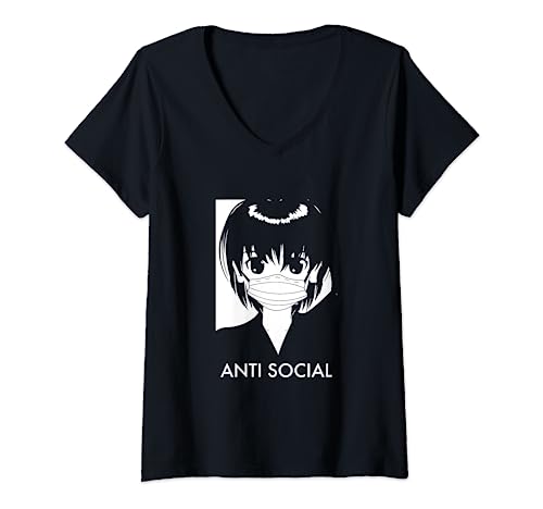Womens Anti Social Japanese Aesthetic Vaporwave Anime Face Mask V-Neck T-Shirt