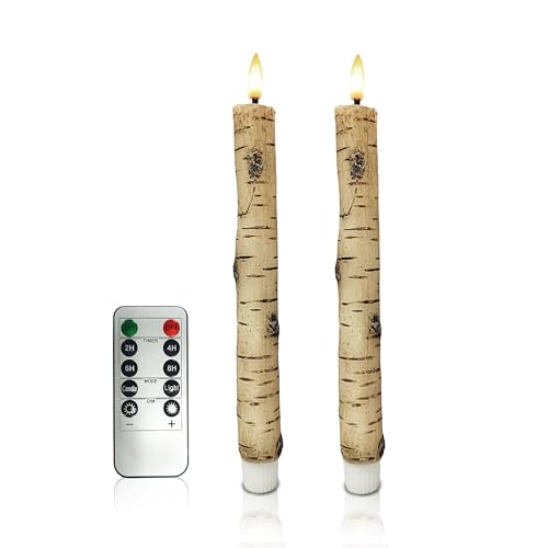 Image of LED 9.84 inch Flameless Taper Candles with Birch Bark Effect Battery Operated Real Wax Flickering Candlesticks with Remote Control and Timer Rustic Primitive Lights Decor Vintage Candles, Pack of 2