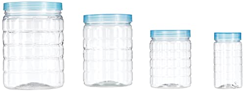 Image of Amazon Brand - Solimo Checkered Jar Container Set, 18 Pieces (6 x 250 ml, 6 x 500 ml, 6 x 1000 ml), Blue | Kitchen Organiser | BPA Free | Stackable Storage Containers.