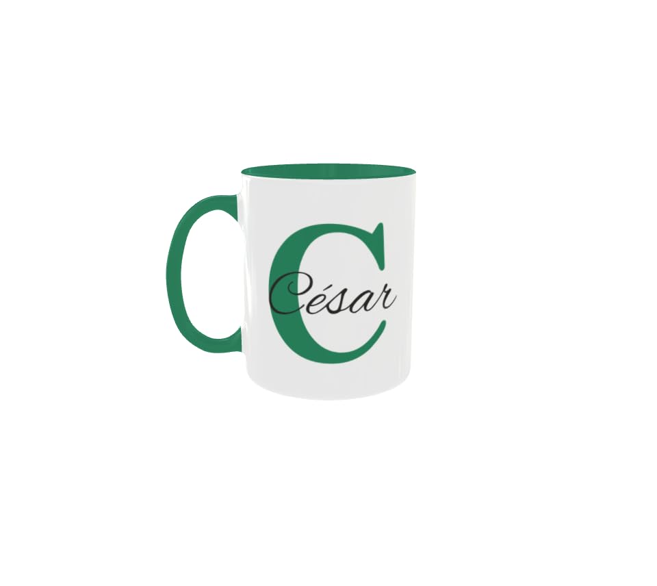C&P Taza Personalizada blanco brillo con asa e interior color, con Inicial y Nombre de cerámica 350 ML (VERDE)