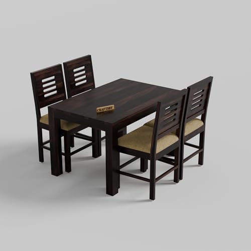 Image of 45 Inch Length Solid Sheesham Wood 4 Seater Dining Table Set | Four Seater Dinner Table with 4 Cushions Chairs | Dinning Table Set 4 Seater for Living Room | Walnut Finish
