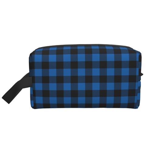 Neceser con estampado a cuadros azules y negros para hombres y mujeres, bolsa de aseo de viaje, neceser de cosméticos, bolsas de aseo para colgar accesorios de viaje