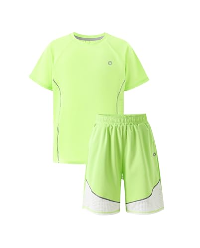 PATPAT Kids Quick-Dry T-Shirt & Shorts Set, 2-Piece Instant-Cooling UPF 100+ Activewear Outfit for Boys Girls, Breathable Athletic Sportswear, Flash Green, Size US8/S