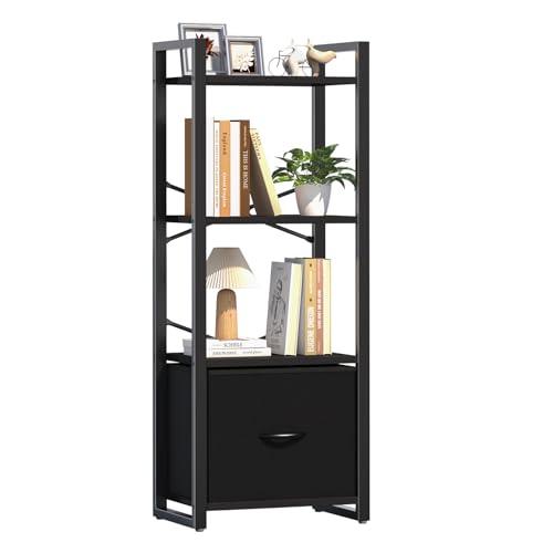 Yoobure Bookshelf, 4 Tier Book Shelf with Drawer, Small Bookcase Narrow Book Case, Industrial Bookshelves Shelf for Bedroom Living Room Office, Book Storage Organizer for CD/Movie Black