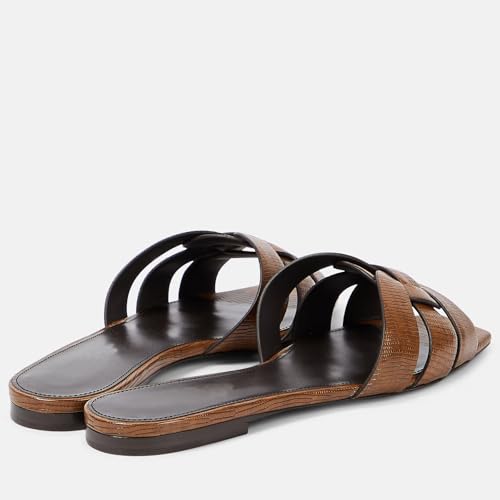Image of THESHY Women's Flat Sandals Square Toe Patent Leather Comfortable Slip on Slippers Casual Summer Dressy Beach Slide Sandals for Women