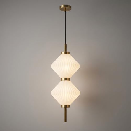 Image of Pendant Light 3-Color CCT (Warm + Natural + Cold White) Ribbed Acrylic Gold Metal Hanging Light for Living Room Bedroom Dining