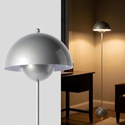 Image of Mid-Century Modern Metal Bud Floor Lamp for Home and Office, Pearl Grey