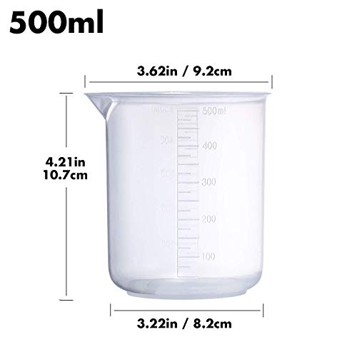 Plastic Beaker Set, 5 Sizes Low Form Measuring Graduated Griffin Polypropylene Beakers in 500 ml, 250 ml, 100 ml, 50 ml, 25 ml for Laboratory, Science Experiments with 5 Plastic Droppers in 3 ml