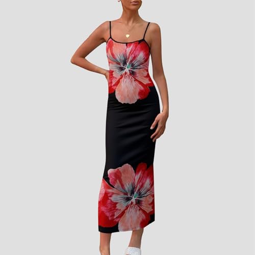 Image of Womens Summer Casual Floral Dresses Spaghetti Strap Bodycon Maxi Beach Dress Elegant Evening Party Long Dresses (US, Alpha, Medium, Regular, Regular, Black Apricot)