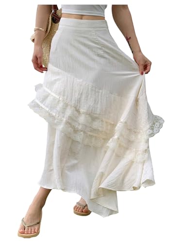 MakeMeChic Women's Summer Beach Ruffle Tiered Lace Trim Maxi Skirt A Line Loose Long Skirts2
