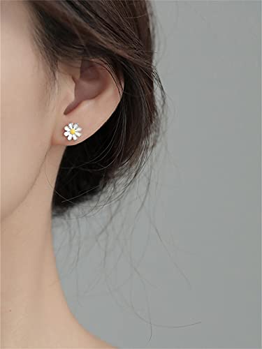 Summer Daisy Sunflowers White Enameled Small Stud Earrings Dainty 925 Sterling Silver Cartilage Tiny Flowers Studs Hypoallergenic Piercing Earrings Women Daughter New Year Birthday 6