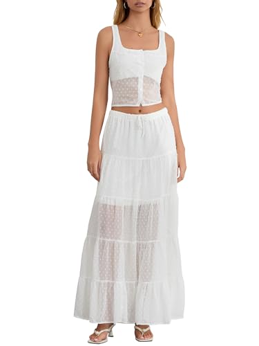 Owl's-Yard Women Summer Polka Dots 2 Piece Sets Sleeveless Square Neck Crop Top Long Skirt Casual Beach Vacation Skirt Set