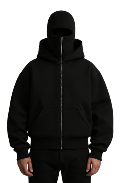 Balaclava Hoodie – Unisex Black Full Zip Sweatshirt with Built-in Face Cover, Warm Winter Jacket for Men & Women, Casual Travel Streetwear-image-19