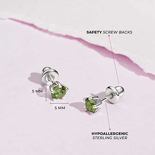 925 Sterling Silver Classic 4Mm Simulated Peridot Birthstone Prong Set Screw Back Stud Earrings For Girls - Stud Earrings With Premium Screw Backs - Light Green Cz Earrings For Girls Born In August #TOP3