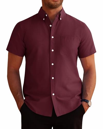 J.VER Herren Kurzarm Hemd Oxford Arbeithemd Sommerhemd Kurzarmhemd Regular Fit Bügelfrei Outdoor Männer Herrenhemden,Burgunderrot,M