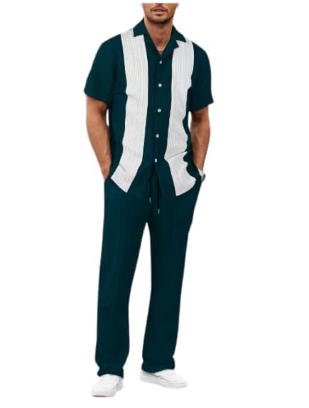 Men’s Vintage Contrast Panel Short Sleeve Shirt with Relaxed Fit Trousers – Stylish Casual Two-Piece Outfit Set