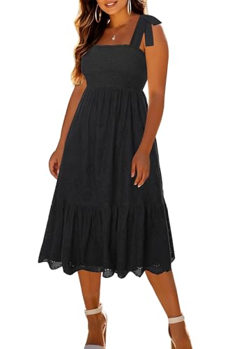 Image of Pinup Fashion Plus Size Summer Sun Smocked Eyelet Tie Straps Midi Dress | Adjustable tie straps, square neck, high waist, flowy tiered A-line, perfect for casual beach, holiday vacation, photoshoot