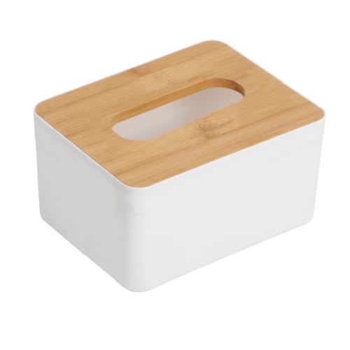Image of HOKIPO Bamboo Cover Plastic Tissue Box Holder | Tissue Paper Holder Box Case | Tissue Holder Dispenser Organizer for Car Decor Home, 16.5x13x9 cm (AR-5292)