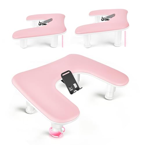 JODSONE Pink U-Shaped Manicure Arm Rest for Nails Tech with Rotating 360Built-In Phone Holder and Adjustable Nail Arm Rest Detachable Manicure Hand Rest for Salon Design