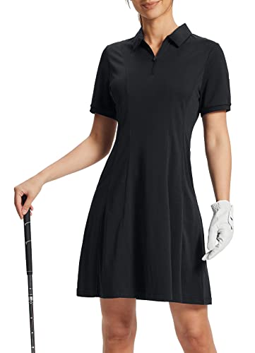 Baleaf Women's Lyocell Golf Dress Short Sleeve Polo Shirts Dress Golf Apparel Knee Length Pockets Quarter Zip Upf 50+ Black M #TOP7