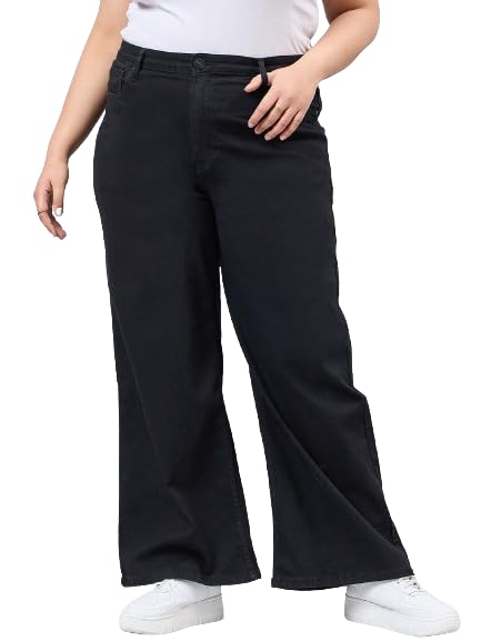Image of Style Quotient Women Plus Size Black Wide Leg High Rise Stretchable Jeans