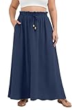 Lastshe Women's Plus Size Maxi Skirts Summer Beach Boho Casual Elastic High Waist Flowy Swing Skirt with Pockets,Denim Blue,3X