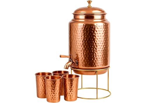 VYUHA Pure Copper Hammered Water Dispenser Storage Water Tank withTap and set of 4 Copper Glass and Stand | Water Pot | Cooper Water Storage Tank | 6.5 Ltr Capacity | 218 Oz