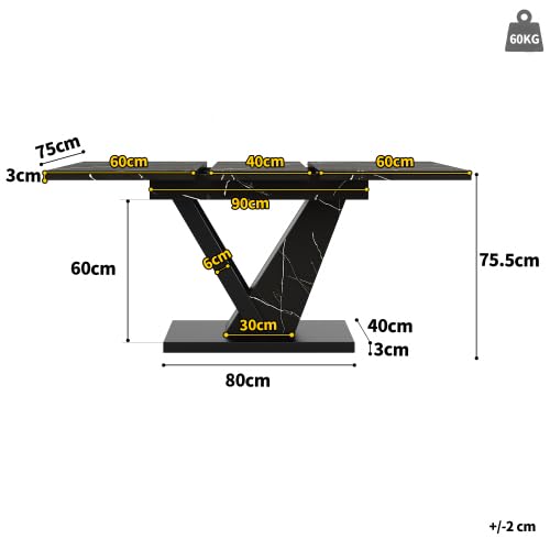 Tavolo da pranzo allungabile, 120-160 cm, con decorazione in marmo nero, tavolo da cucina per 6-8 persone, con funzione telescopica e robusta struttura in metallo, nero