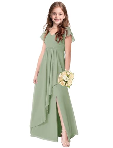 Junior Bridesmaid Dresses Chiffon V Neck Flower Girl Dress for Wedding Ruffle Sleeves Girls Formal Dresses4