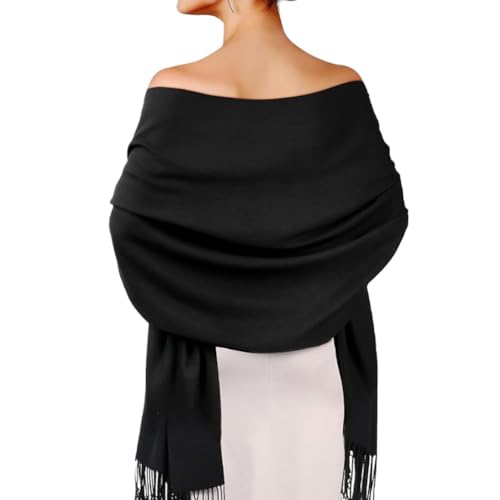 GSHLLO Winter Warm Fringe Scarf Shawls Evening Party Wraps Wedding Stole Shawl Formal Dress Shawl Cashmere Feel Tassel Scarves White2