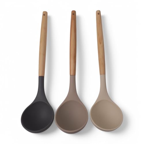 Deconox Bambu Saplı Silikon Kepçe, Bambu Uzun Silikon Çorba ve Sos Kepçesi 27cm 3 Renk Seçenekli (KREM)