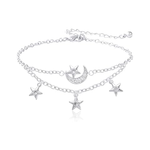Mesovor Dainty Moon Star Link Bracelet, 16K Gold Plated Adjustable Link Chain | Sparkling Zirconia Bracelet for Women (Silver) Cover