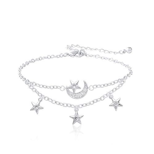 Mesovor Dainty Moon Star Link Bracelet, 16K Gold Plated Adjustable Link Chain | Sparkling Zirconia Bracelet for Women