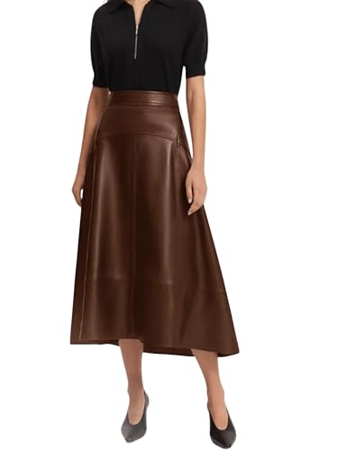 Jild Real Lambskin Leather Skirts for Women High Waist Classical Mid Length Going Out Skirt with Stylish Patchwork