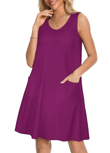 Image of elescat Womens Summer Dresses Casual V Neck Sleeveless Pockets Beach Loose Tank Sundress 2026