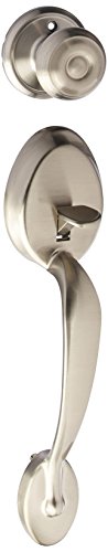 SCHLAGE FE285PLY619GEO Satin Nickel Plymouth Keyed Entry Handleset with a Georgian Interior Knob from The Plymouth Collection