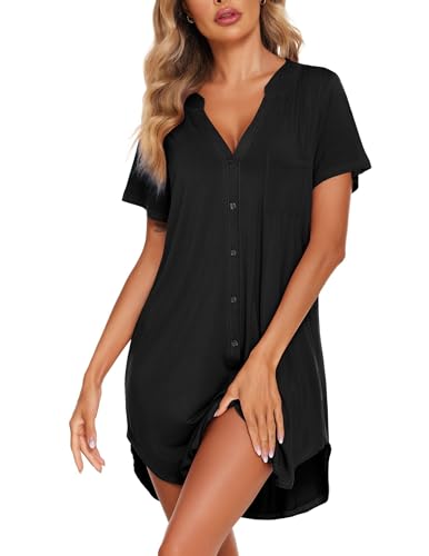 Ekouaer Women Button Down Nightgown V Neck Night Gowns Sleepshirts Short Sleep Shirts2