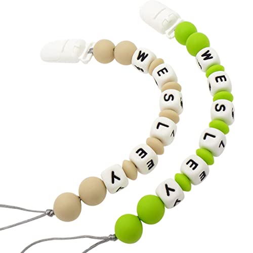 Personalized Pacifier Clip with Name, Customizable Pacifier Clip (2 Pack) (Khaki + Green)