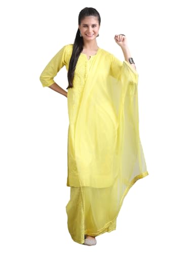 Image of Women's Lucknowi Chikankari Handwork Cotton Kurti, Palazzo and Dupatta Set