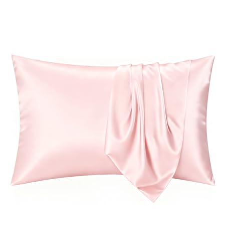 COZYXWORLD Satin Silky Pillowcase Set of 2, Similar to Silk Pillow Case for Hot Sleepers, Temperature Regulating Moisture Wicking, Smooth Pillow Cover, Queen Size 20" x 30", Pink