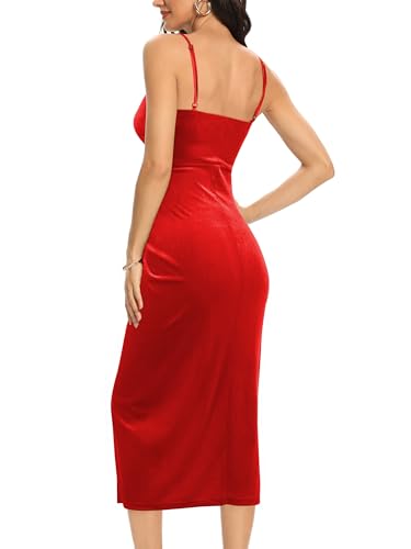 Image of Missufe Women's Sleeveless Spaghetti Strap Wrap V Neck Bodycon Ruched Slit Midi Party Cocktail Velvet Dress