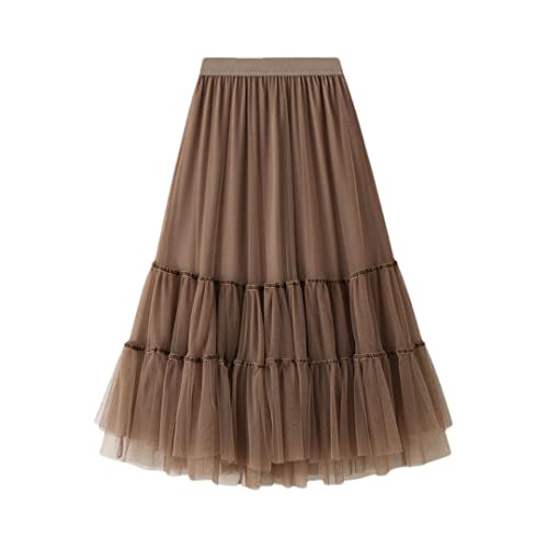 Jupe longue plissée en tulle kaki style coréen en taille unique pour femme