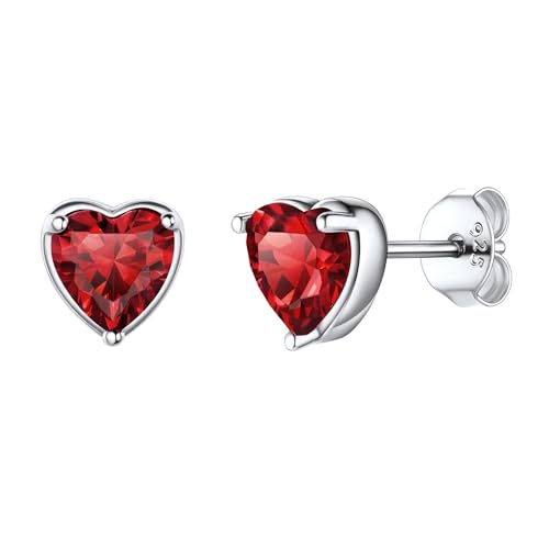 925 Sterling Silver Heart Stud Earrings 6mm Cute Tiny Crystal Red Garnet Ear Studs January Birthstone Hypoallergenic Earrings for Women Sensitive Ears