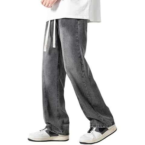 DOSLAVIDA Men's Straight Leg Jeans Relaxed Fit Baggy Jean Hip Hop Loose Fit Carpenter Denim Pants with Drawstring Cover