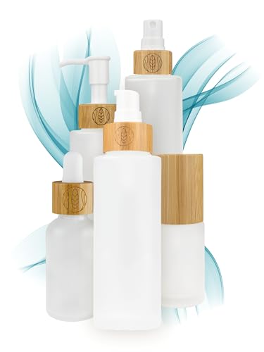 Wachsmann Pumpspender Glas 100 ml zum Befüllen, 3 Stück Cremespender leer mit Bambusverschluss und Gravur, exaktes Dosieren Deiner Gesichtspflege