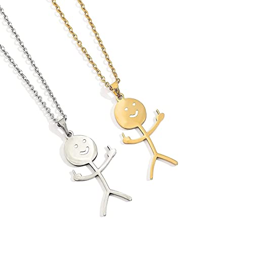 QCZJ Lot de 2 colliers drôles Doodle en acier inoxydable Smiley Middler Middle Collier personnalisé Smiley Middle Collier Doodle pour homme et femme avec boîte cadeau, Métal Cover
