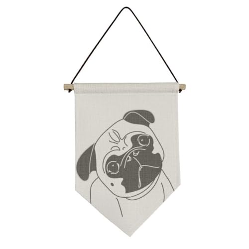 Drapeau en toile et son motif chien noir, suspension textile de salon
