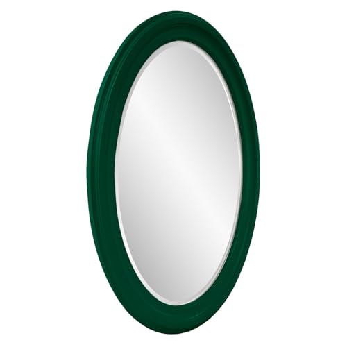 Image of Howard Elliott Collection George Oval Glossy Hunter Green Wall Mirror, Oval Bevelled Hanging Wood Framed Vanity Mirrors for Home Decor, Living Room, Bathroom, Bedroom, or Hallway, 25 x 33 Inch